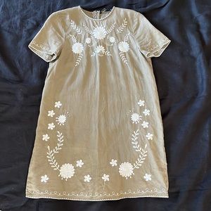 Zara Embroidered Linen Dress Khaki Green White XS
